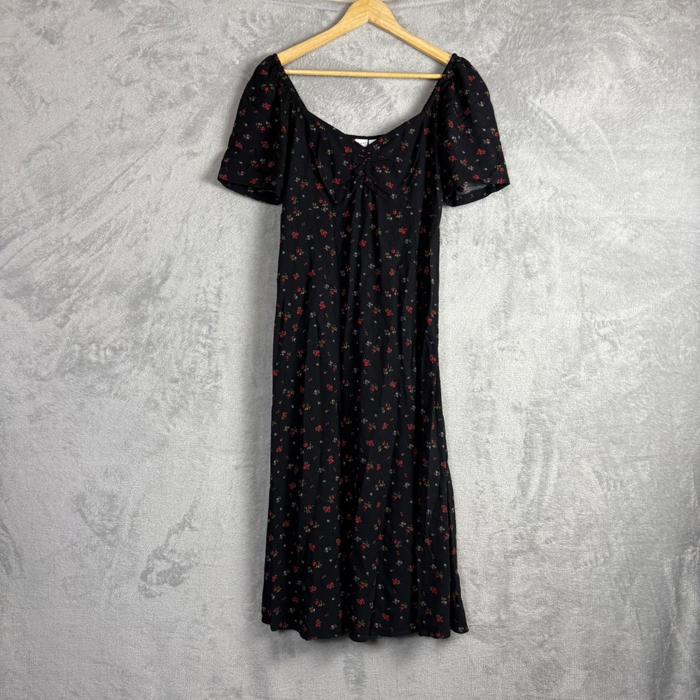 Gap Dress Puff Sleeve Sweetheart Midi Size M Black Floral Cottagecore Boho